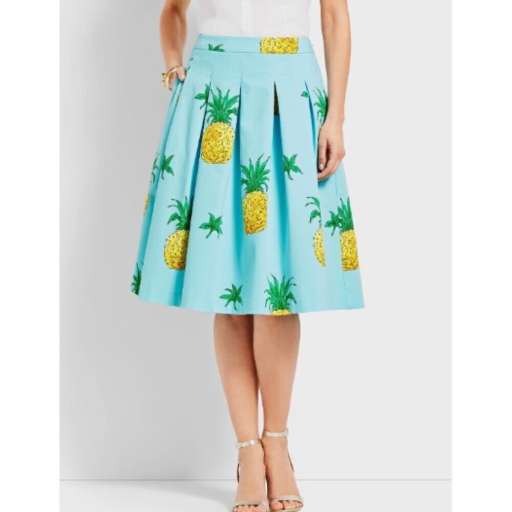 Talbots Pineapple Print Pleated Skirt Fit & Flare Teal Yellow Sz 2P 47467